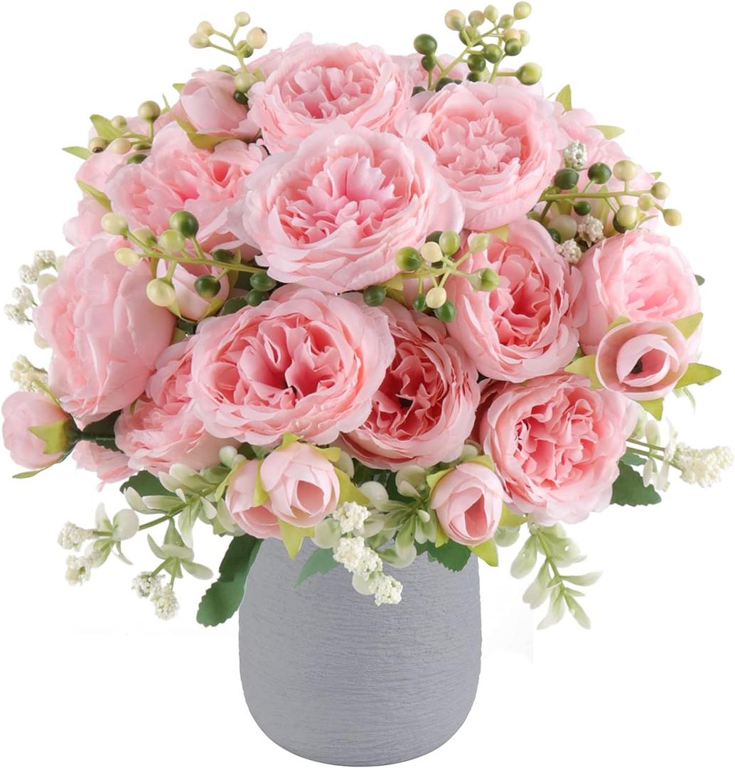 Artificial Peonies Silk Flowers, 4 Bundles Faux Peony Bouquet Florals Arrangements for Farmhouse Home Boho Wedding Table Centerpiece, Fake Plastic Flower Bulk for Vase Decoration (Light Pink)