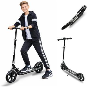 Kick Scooter for Kids Ages 6+, Teens & Adults, Adjustable Handlebars, Rear Brake, Big Wheel Foldable Scooter for Indoor & Outdoor (Black)