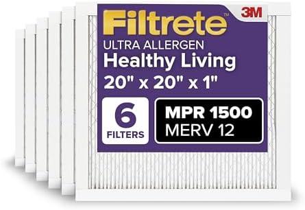 Filtrete 20x20x1 AC Furnace Air Filter, MERV 12, MPR 1500, CERTIFIED asthma & allergy friendly, 3 Month Pleated 1-Inch Electrostatic Air Cleaning Filter, 6-Pack (Actual Size 19.69x19.69x0.78 in)