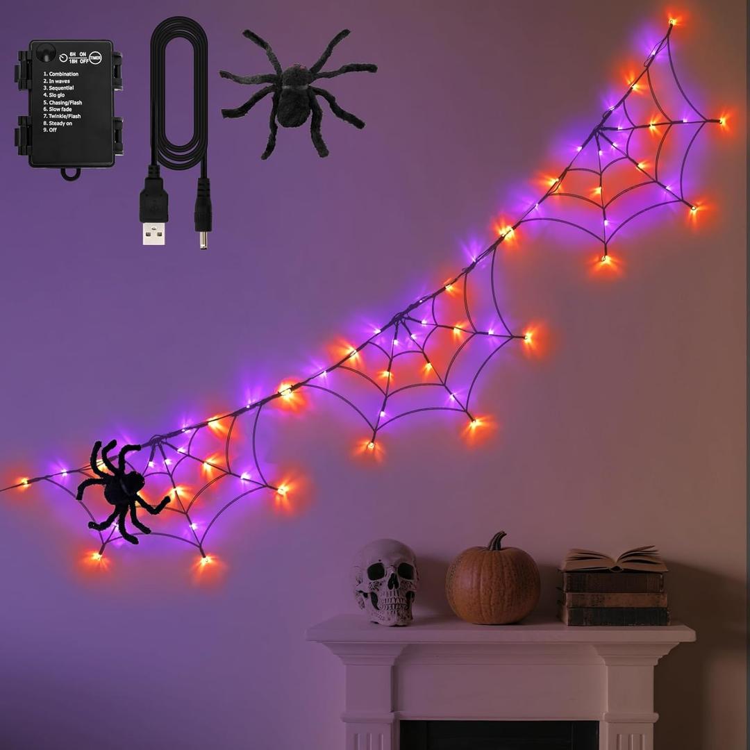 Halloween Decorations Spider Web Lights 6FT 60LED Battery Operated/USB Powered with Black Spider with Timer 8 Modes Indoor Outdoor for Halloween Decor, Orange&Purple