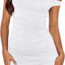 YFANG Women's Sexy Off Shoulder Ruched Mesh Bodycon Mini Dress Sleeveless Slim Fitted Tank Short Dress (White, M)