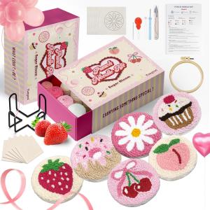 yuegool 6PCS Punch Needle Coaster Kit, Easy DIY Embroidery Set for Beginners & Adults with Patterns, Tools, Yarns, Hoop, Instructions & Coaster Holder (4-inch diameter, sugar bloom)