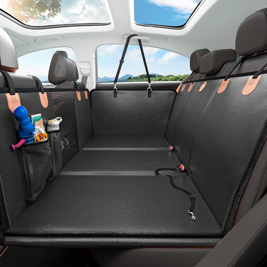 Back Seat Extender for Dogs Upgraded Anti-Scratch PU Leather, Hard Bottom Dog Car Seat Cover for Back Seat, Backseat Extender for Dogs, Waterproof Dog Hammock for Car, SUV, Small Truck, Black