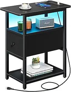 Yoobure End Table with Charging Station, Narrow Side Table with Adjustable Fabric Drawer, 3-Tier End Tables Living Room, Small Nightstand with Outlets, LED Skinny Night Stand for Bedroom Small Spaces