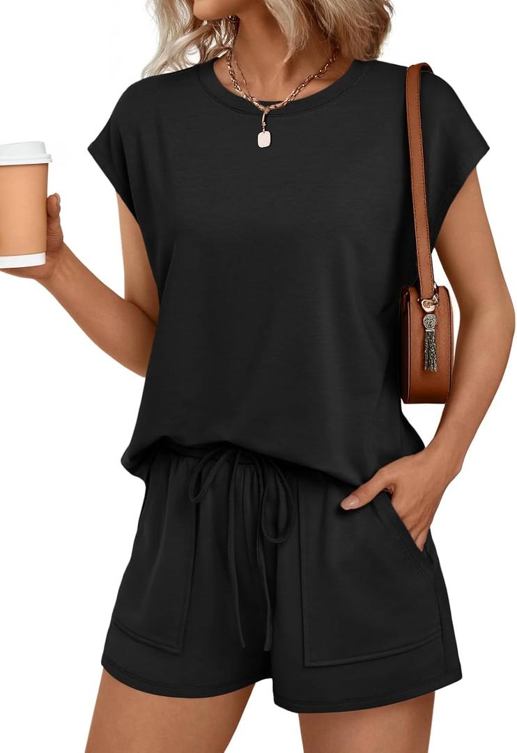 AUTOMET Womens Lounge Two 2 piece Sets Summer Spring Cruise Outfits 2026 Matching Beach Vacation Clothes Travel Sweatsuits Sweat Casual Romper Shorts Fashion Trendy Clothing Loungewear Black M