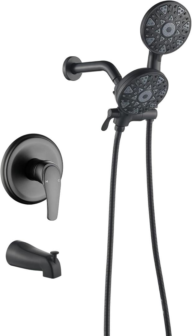Tub and Shower Faucet Set Complete Dual Shower Head and Handheld 2 in 1 Combo Set Shower System with Tub Spout Tub and Shower Trim Kit Matte Black