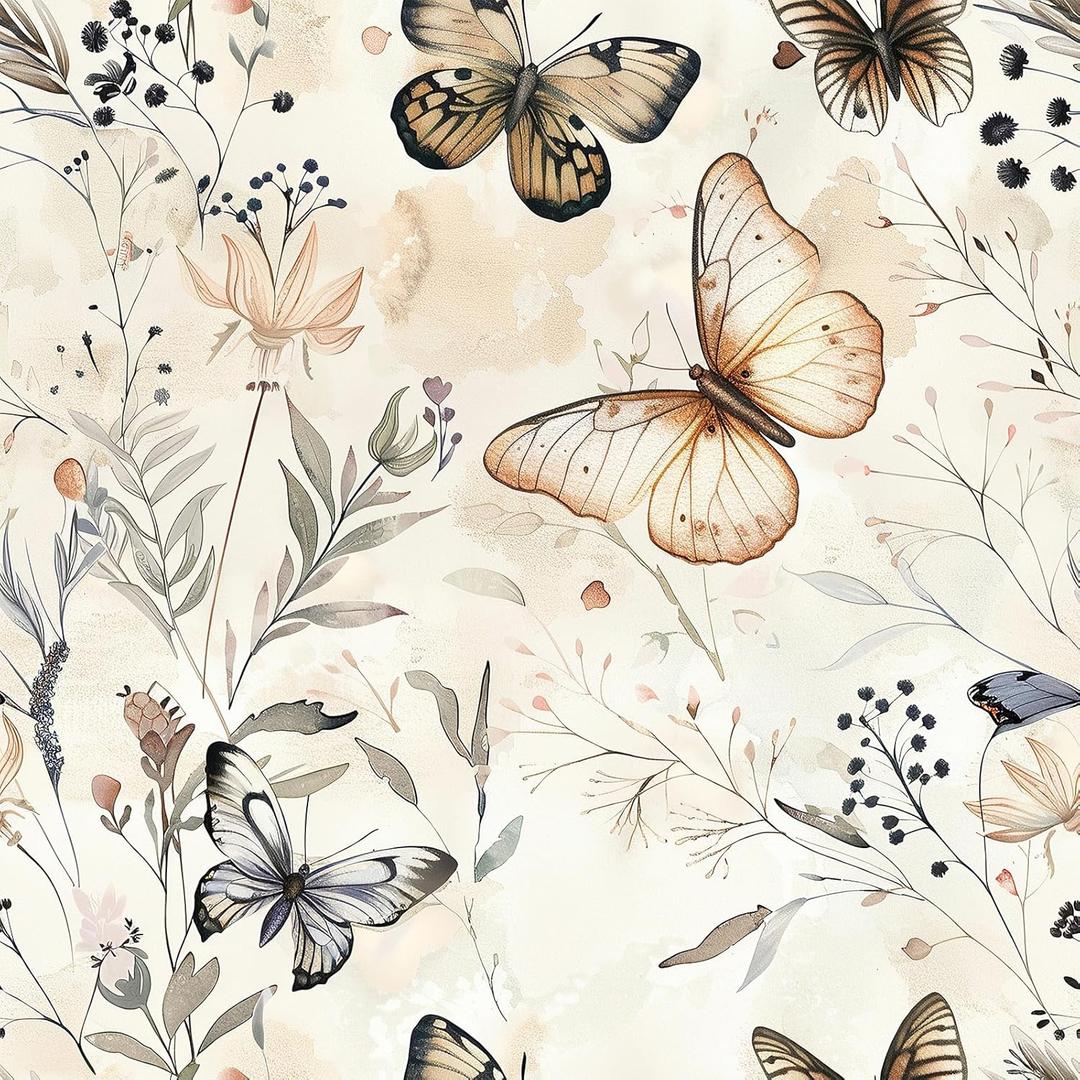 VEELIKE Butterfly Wallpaper Peel and Stick Vintage Floral Wallpaper for Bedroom Bathroom Walls 17.7''x118'' Removable Self Adhesive Boho Wildflower Wall Paper Floral Contact Paper for Cabinets Drawers