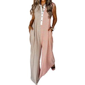 Womens Striped Sleeveless Jumpsuit Button Down Wide Leg Jumpsuit One Piece Rompers with Pockets (X-Large, Apricot)