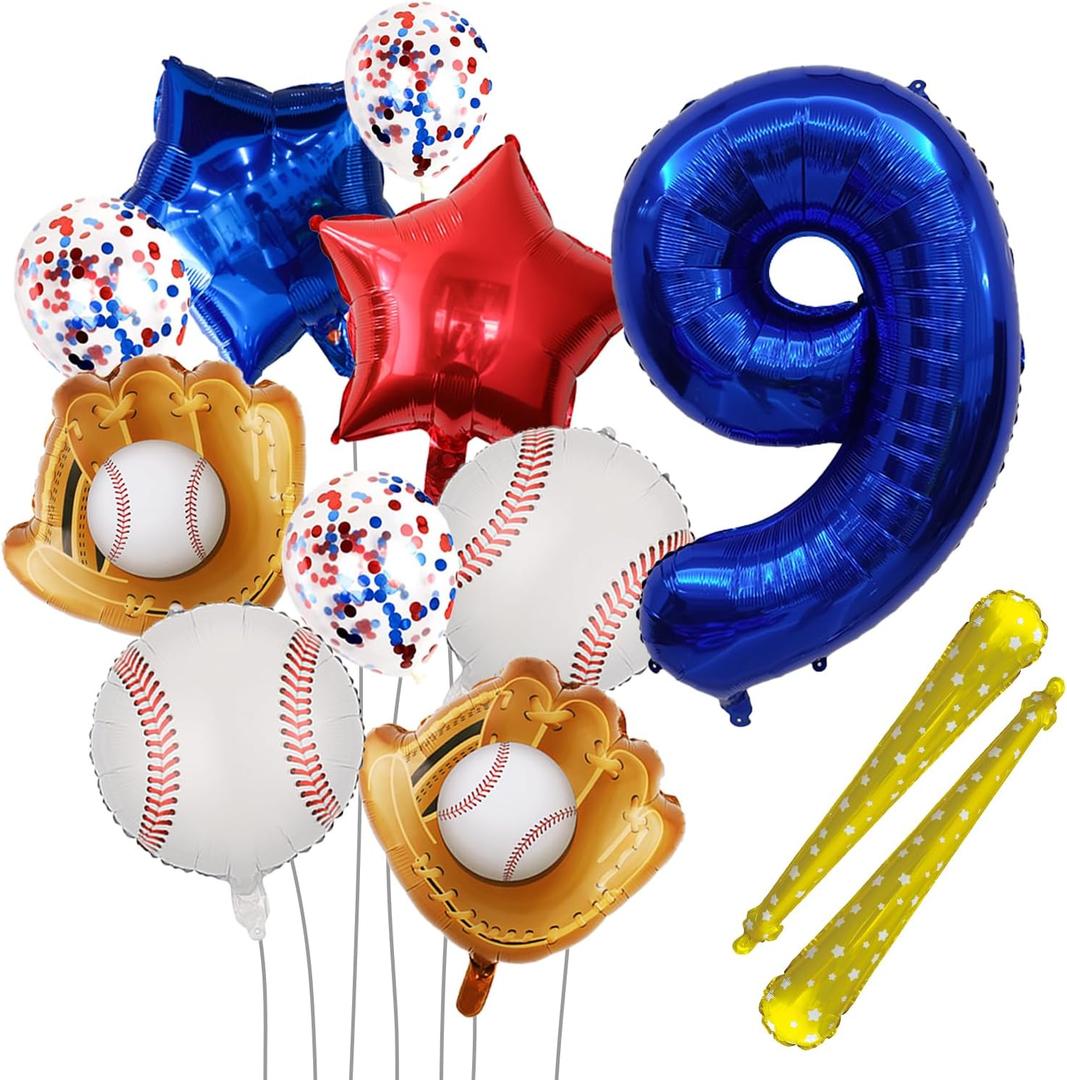 Baseball Balloons 9th Birthday Decorations,32 Inch Blue Num 9 Foil Balloon, Baseball Bat Glove Balloon, Star Confetti Balloons for 9 Year Old Boy Birthday Party Supplies