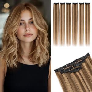 Rich Choices Real Human Hair Clip In Extensions-6 Pcs Single Clip Design-Invisible Clip in Extensions for Thin Short Hair-Hairpieces for Women-12 Inches #4P27 Medium Brown Highlighted Dark Blonde