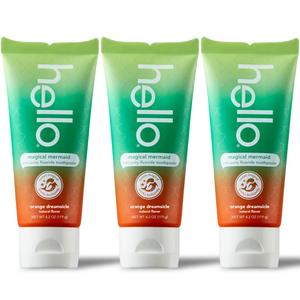 hello Magical Mermaid Kids Toothpaste with Fluoride, Orange Dreamsicle Flavor Toothpaste for Kids, Safe for Ages 2 and Up, Helps Prevent Cavities, Strengthen Enamel, Polish Teeth, 3 Pack, 4.2 Oz Each