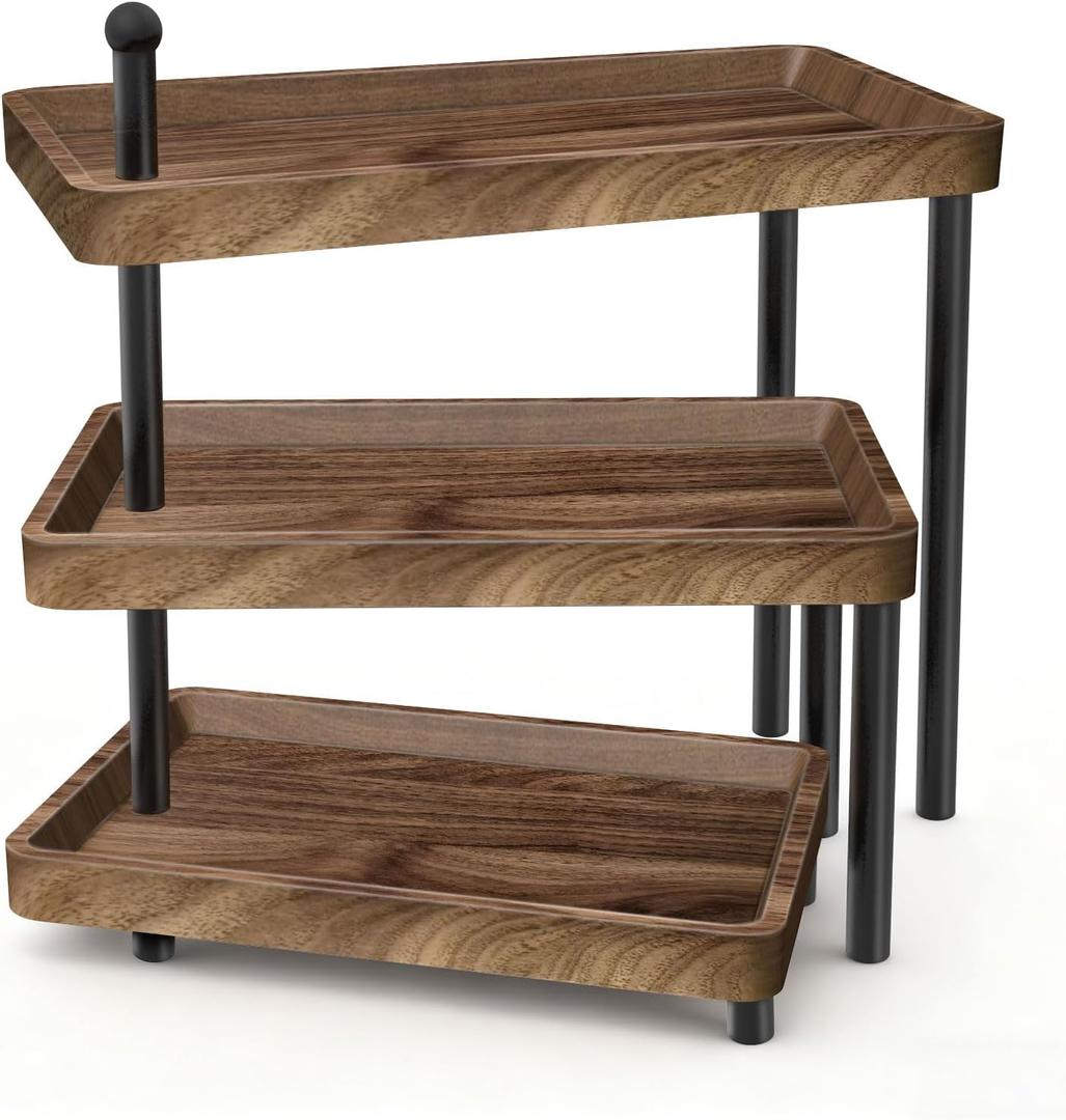 Serving Tray for Party, Wooden Cupcake Stand 3 Tiered Tray Stand Rotating Tiered Serving Tray Dessert Table Display Set Reusable Tiered Serving Platters for Cupcake, Veggie Fruit, Cookies, Dessert (15.8" x 7.9" x 14.5", Walnut)