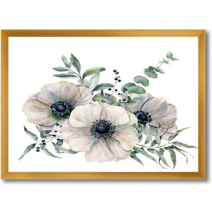 White Anemone Bouquet With Eucalyptus Leaves Traditional Framed Wall Art (32x32)