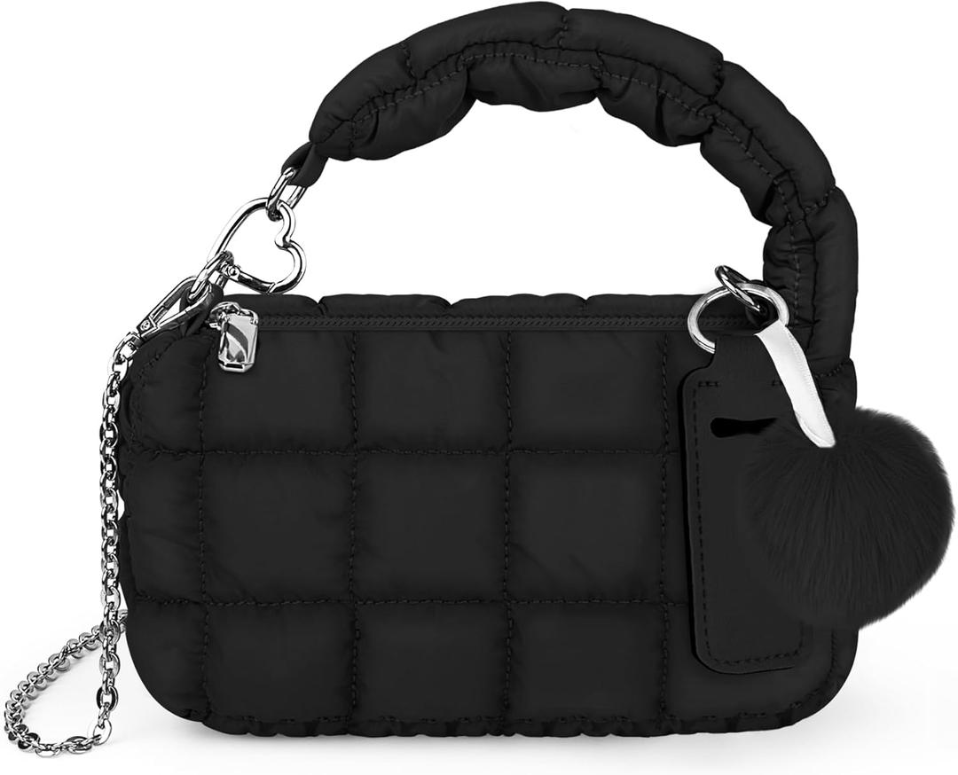 bvya Two Sizes Quilted Wristlet Bag for Women, Puffer Handbags, Evening Bags, Charm Lipstick Bag (Small-black)