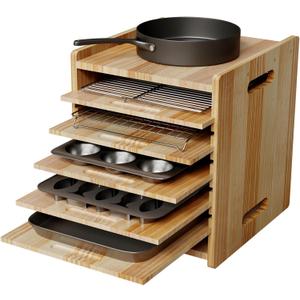 7 Tiers Cookie Sheet Organizer for Cabinet, Wooden Tray Dividers for Kitchen Cabinets Baking Sheet Pan Organizer, for Heavy Pans, Cutting Board, Bakeware, Kitchen Cupboard Storage, Solid Wood