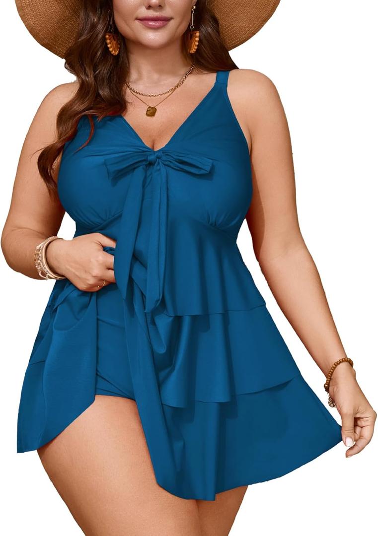SCOMCHIC Women's Plus Size Swimsuit One Piece Tummy Control Ruffled Swim Dress V Neck Tankini Swimwear Bathing Suit (3X-Large Plus, Lake Blue)