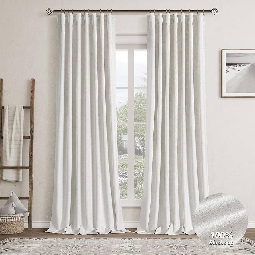 Nanspring Cream White Linen 100% Blackout Curtains 132 inch Length Back Tab Rod Pocket Thermal Insulated Textured Living Room Black Out Curtain 2 Panels Set 52x132