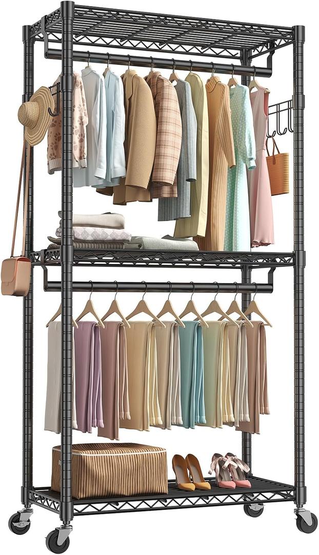 OLIXIS Rolling Clothes Rack, Heavy Duty Garment Rack, 35 IN, Metal Black | Adjustable Closet Organizer for Hanging Clothes, Portable Closet with 2 Side Hooks