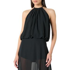 The Drop Womens Kory Shirred Neck Chiffon Halter Bubble Top (X-Large, Black)