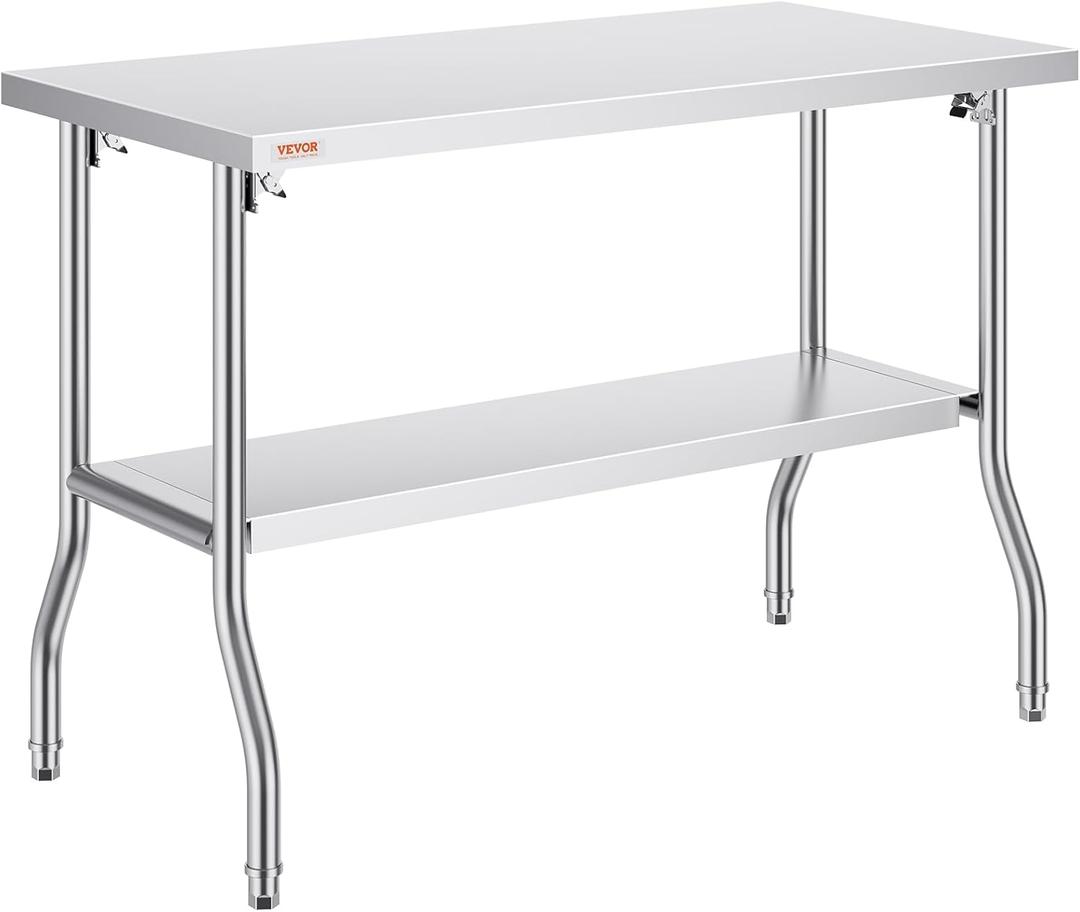 VEVOR Commercial Worktable Workstation 48 x 24 Inch Folding Commercial Prep Table, Heavy-duty Stainless Steel Folding Table with 772 lbs Load, Kitchen Work Table, Silver Stainless Steel Kitchen Island, Silver 