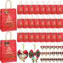AmazingSpark 24 Set Small Gift Bags for Christmas with Handles Red and Gold Gift Bags Christmas Bow with Bells Bulk Kraft Foil Xmas Tree Holiday Party Favor Supplies 8.26" x 5.9" x 3.1"