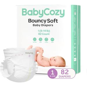 Babycozy Boucy Newborn Diapers for Sensitive Skin, Hypoallergenic Disposable Plain White Diapers Without Chlorine, Soft Diaper for Baby&Infant&Preemie, Size 1(8-14lb) 82 Count