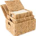 Wicker Storage Baskets with Lid, Set 3 Basket With Lid Decorative Storage Rectangle Wicker Storage Basket Large Rattan Storage Box Hyacinth Baskets
