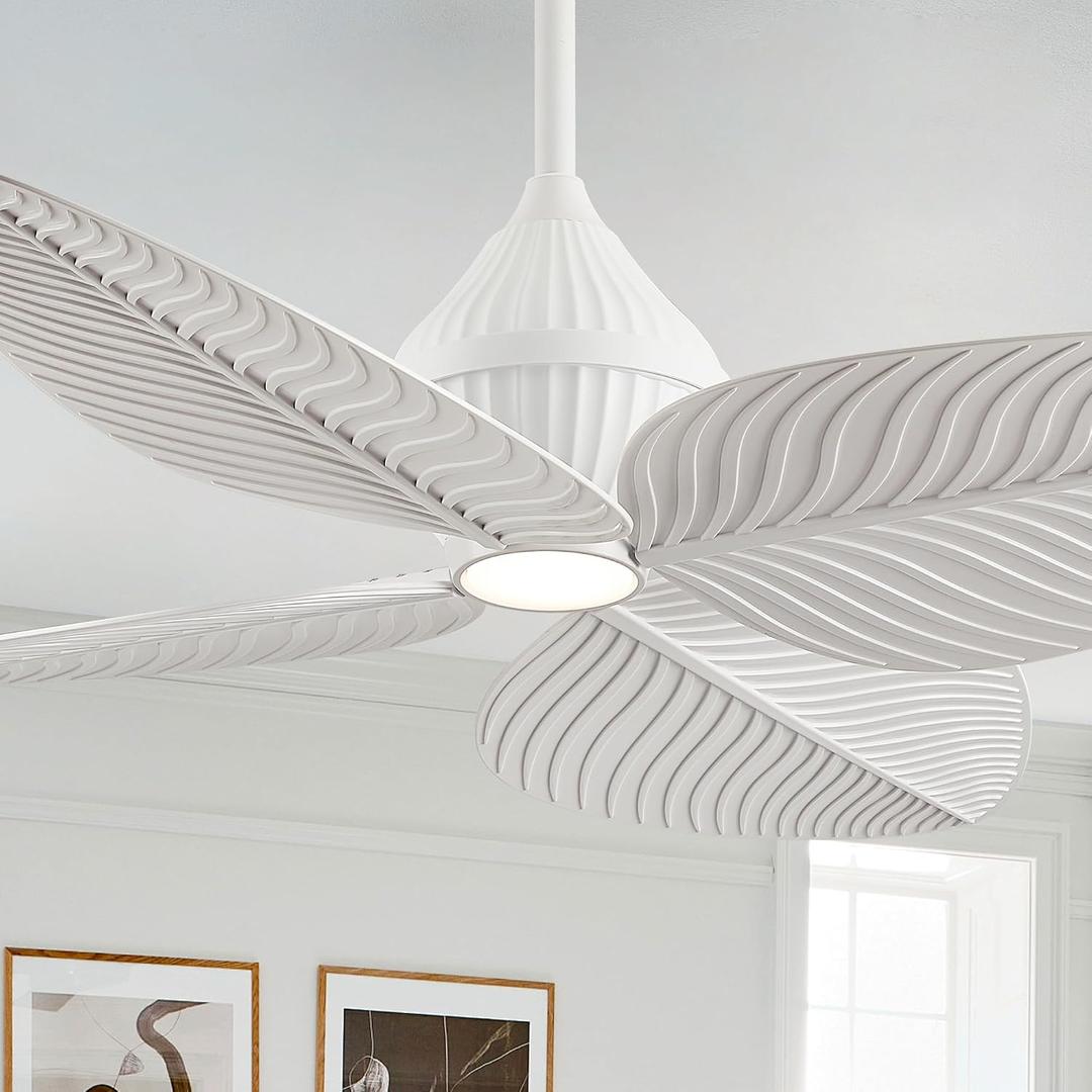 52" Tropical Ceiling Fans with Lights, Indoor Palm Leaf Ceiling Fan with Light and Remote for Living Room Bedroom, ABS Blades, Dimmable LED Lights, 6 Speeds, Adjustable Height-White