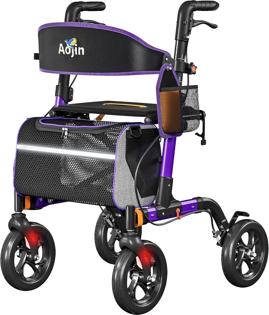 Walkers for Seniors, Rollator Walker with Seat, 350 lb Weight Capacity, 18" Big Seat, 8" All-Terrain Wheels, 6-Level Adjustable Height, Lightweight Aluminum Frame Rollator Walkers for Seniors (Purple)