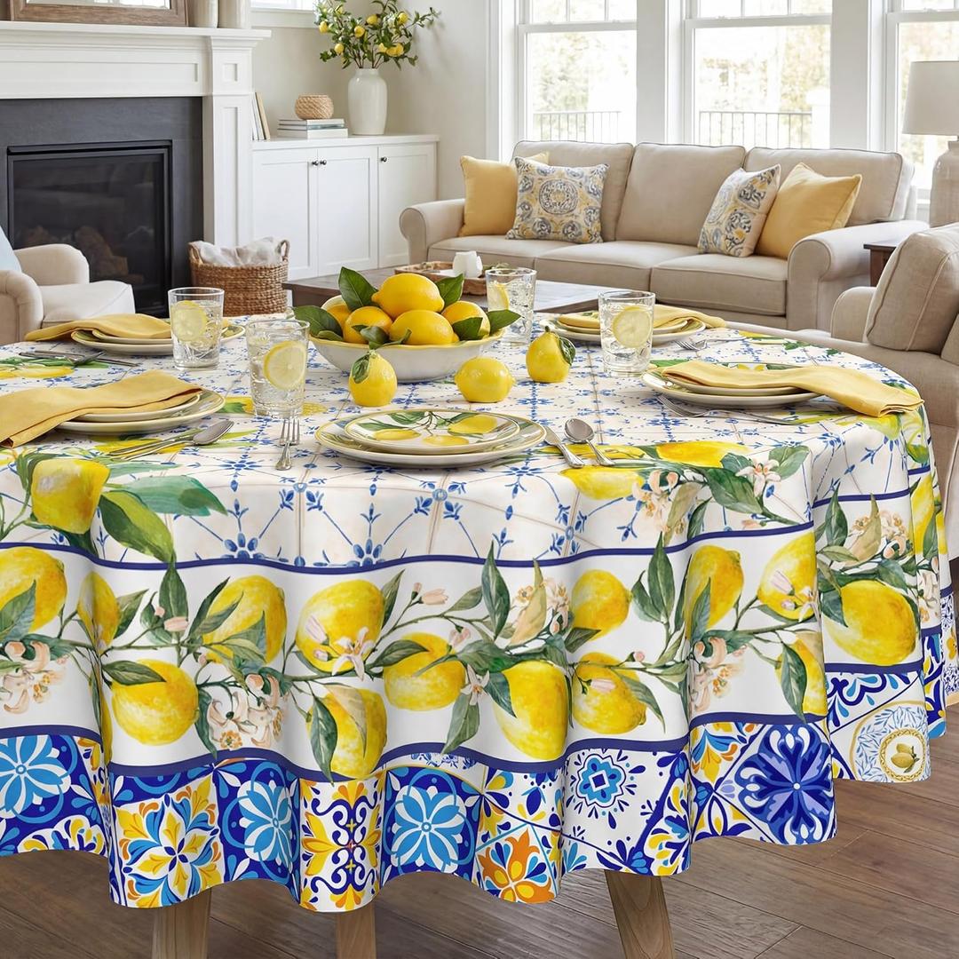 Lemon Tablecloth 60 Inch Round, Bule Diamond Check Farmhouse Decorations for Home Table Cloth, Spring Summer Seasonal Decor Tablecloths Polyester for Picnic Party Supplies