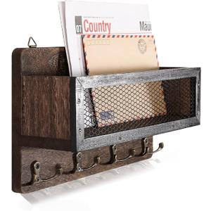 ADIIL Mail and Key Holder for Wall Decorative, Wooden Wall Mount Key Rack Hanger Organizer with 4 Double Key Hooks, Rustic Home Decor for Entryway Hallway, Brown