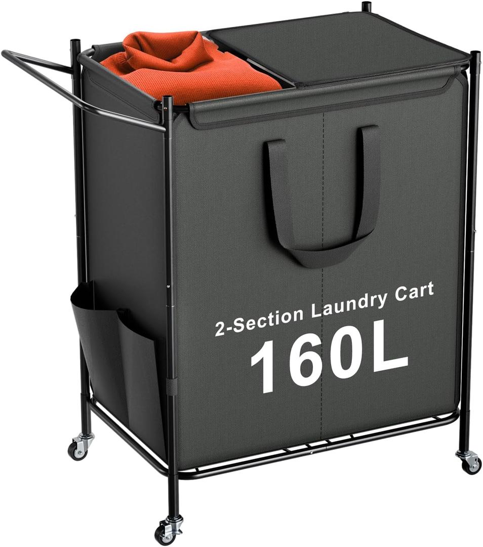 Laundry Basket with Wheels, 2-Section Rolling Laundry Hamper with Removable Liner, 42 Gallons (160L) Laundry Sorter Cart, Clothes Hamper Sturdy Metal Frame with Handle, Effortless Movement (Grey)