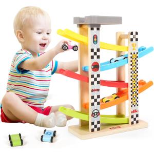 Montessori Toy for 1-3 Years Old Boys and Girls, Kid Race Track Car for Toddlers with 5 Mini Cars & 5 Ramps, Wooden Montessori Car Ramp Toy Set for Babies' Birthday Gifts, Visit Gifts