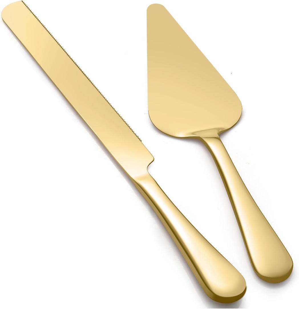 13-Inch Premium Cake Cutting Set for Wedding, Cake Knife and Server Set with Serrated Blade, Ergonomic Handle & Mirror Finish, Ideal for Cake, Pastry, Pizza and Desserts (Gold)
