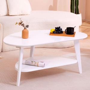 Mid-Century Modern Coffee Table for Living Room, 100% Solid Wood Oval Coffee Table, 2 Tier Wooden Coffee Tables for Home Office Livingroom, 40.2 x 22 Inches Easy Assemble (White)