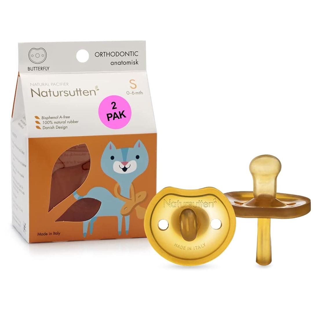 Natursutten Pacifiers 0-6 Months - 2-Pack Butterfly Shield Orthodontic Nipple Natural Rubber Safe & Soft BPA-Free Pacifier for Breastfeeding Babies - Newborn Pacifiers Made in Italy (1 Count (Pack of 2))