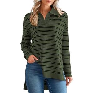 MASCOMODA Womens Sweaters Fall 2025 Oversized Striped Sweater Long Sleeve Polo V Neck Loose Side Slit Knitted Tunic Tops Size Xs