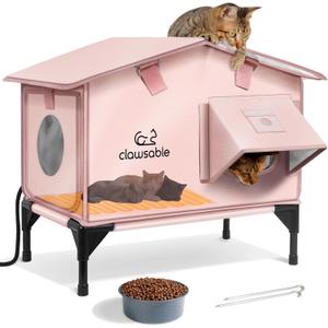 Upgraded Heated Cat House for Outside Escape Door, Highly Insulated Heated Outdoor Cat House Waterproof Awning, Weatherproof Outdoor Feral Cat Shelter for Stray Winter (22.0"L x 12.0"W x 20.0"H, Peach Pink)