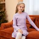 Little Girls Knit Sweater Dress Long Sleeve Ribbed Ruffle Dress Kids Pullover Dresses (10-12 Years, 01 Purple)