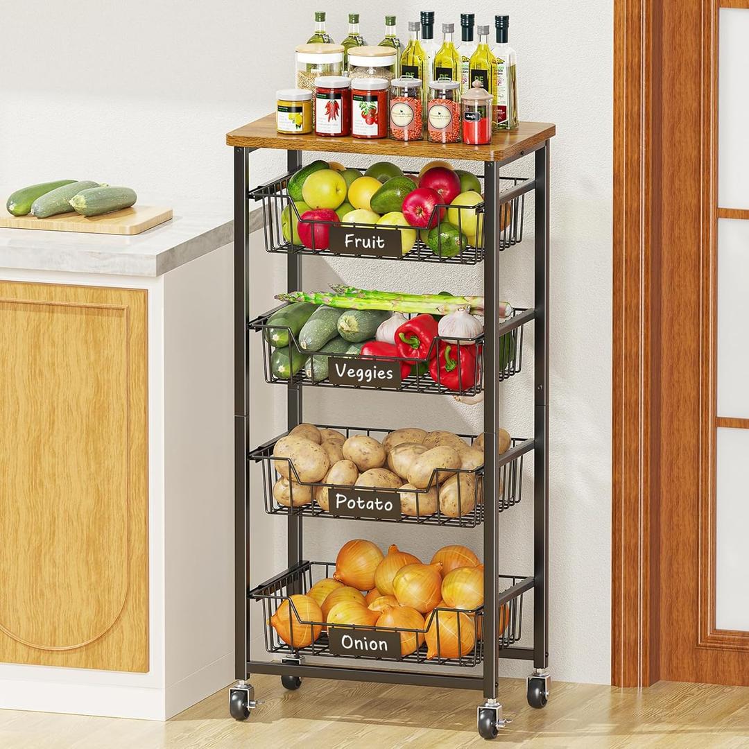 XYZLVSI Kitchen Storage Cart with Wheels, 5Tier Metal Utility Rolling Cart Fruit Vegetable Storage Basket Pantry Rack with Wood Top & Pull Out Baskets for Kitchen, Livingroom, Diningroom, Office