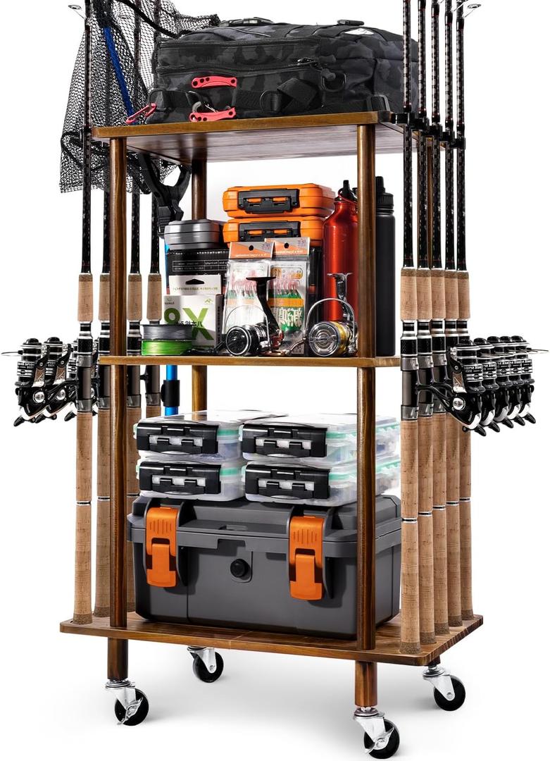 Ghosthorn Fishing Rod Holders for Garage Fishing Pole Rack Hold up to 10 Rods Fishing Pole Holders Wooden Organizer Fishing Rod Rack car Fishing Gear Storage Equipment (Carbonization3 Tier)