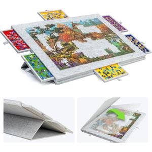 LAVIEVERT 1500 Piece Tilting Jigsaw Puzzle Board with 2-in-1 Stand & Cover, Lightweight Puzzle Boards with 6 Drawers, Portable Felt Jigsaw Storage Table for Adults - Light Gray