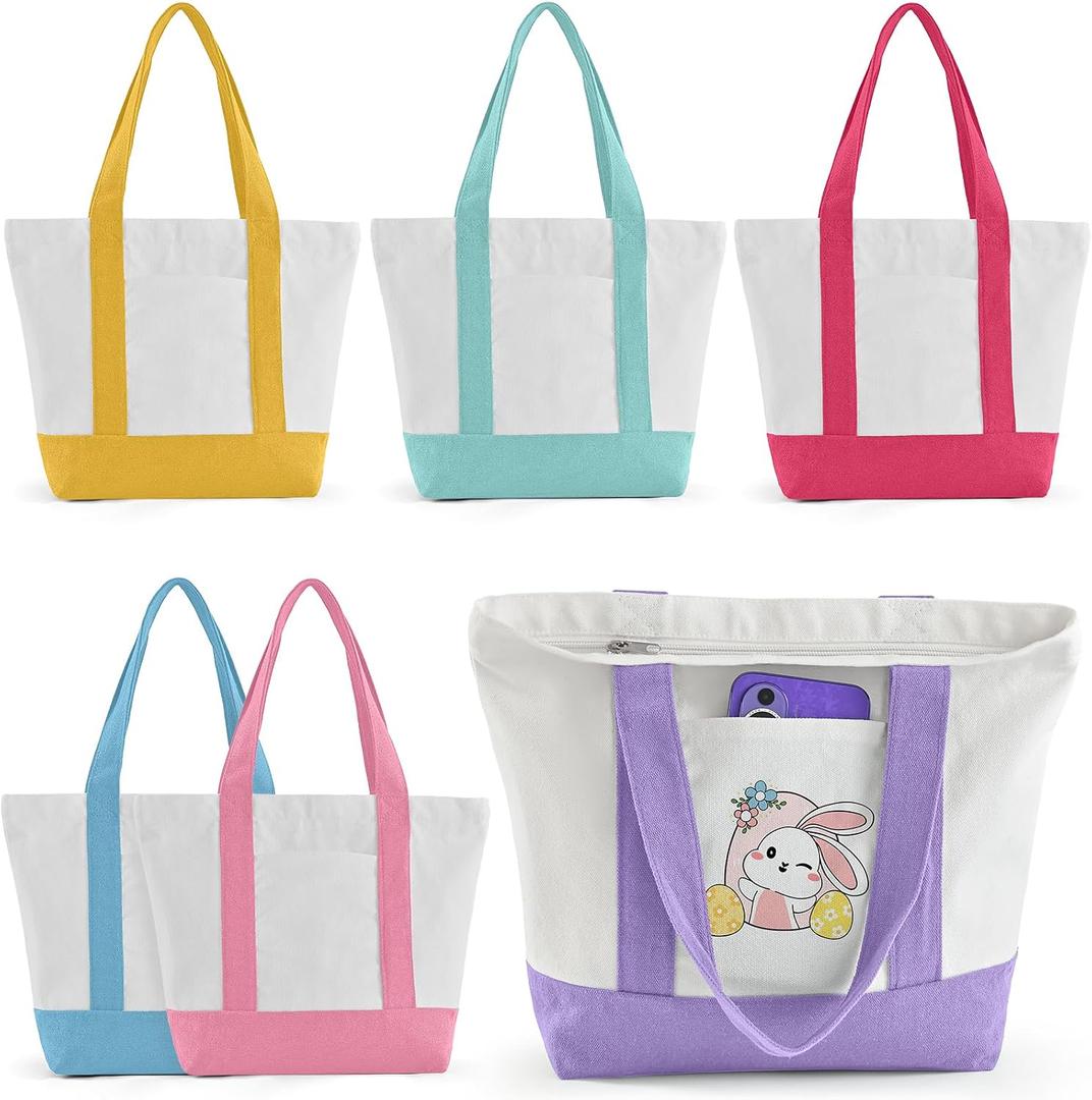 Mini Canvas Tote Bag with Pockets, 12oz Cotton Small Tote Bag with Zipper Reusable Grocery Shopping Bags for DIY