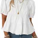 Tankaneo Womens Puff Sleeve Peplum Babydoll Tops Summer Flowy Pleated Cotton T-Shirts Casual Loose Fit Cute Blouse M