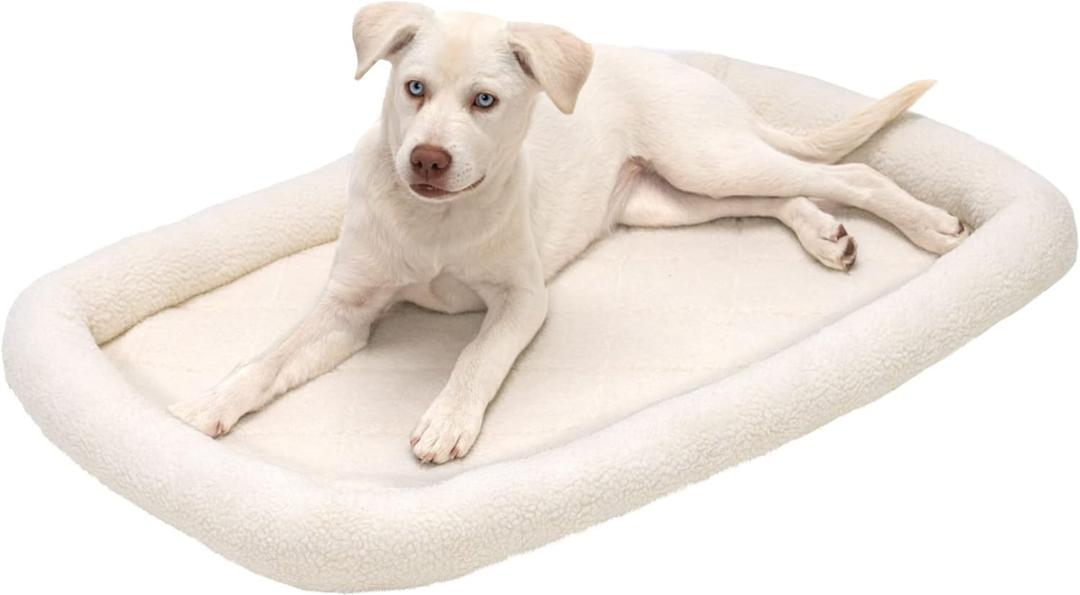 Furhaven Dog Bed for Large/Medium Dogs, 100% Washable, Sized to Fit Crates - Sherpa Fleece Bolster Crate Pad - Cream, Large