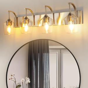 4-Light Brushed Nickel Vanity Light with Clear Glass Shade, 33.07'' Modern Wall Lights for Bathroom, Bedroom, Hallway, Living Room (E26 Base)