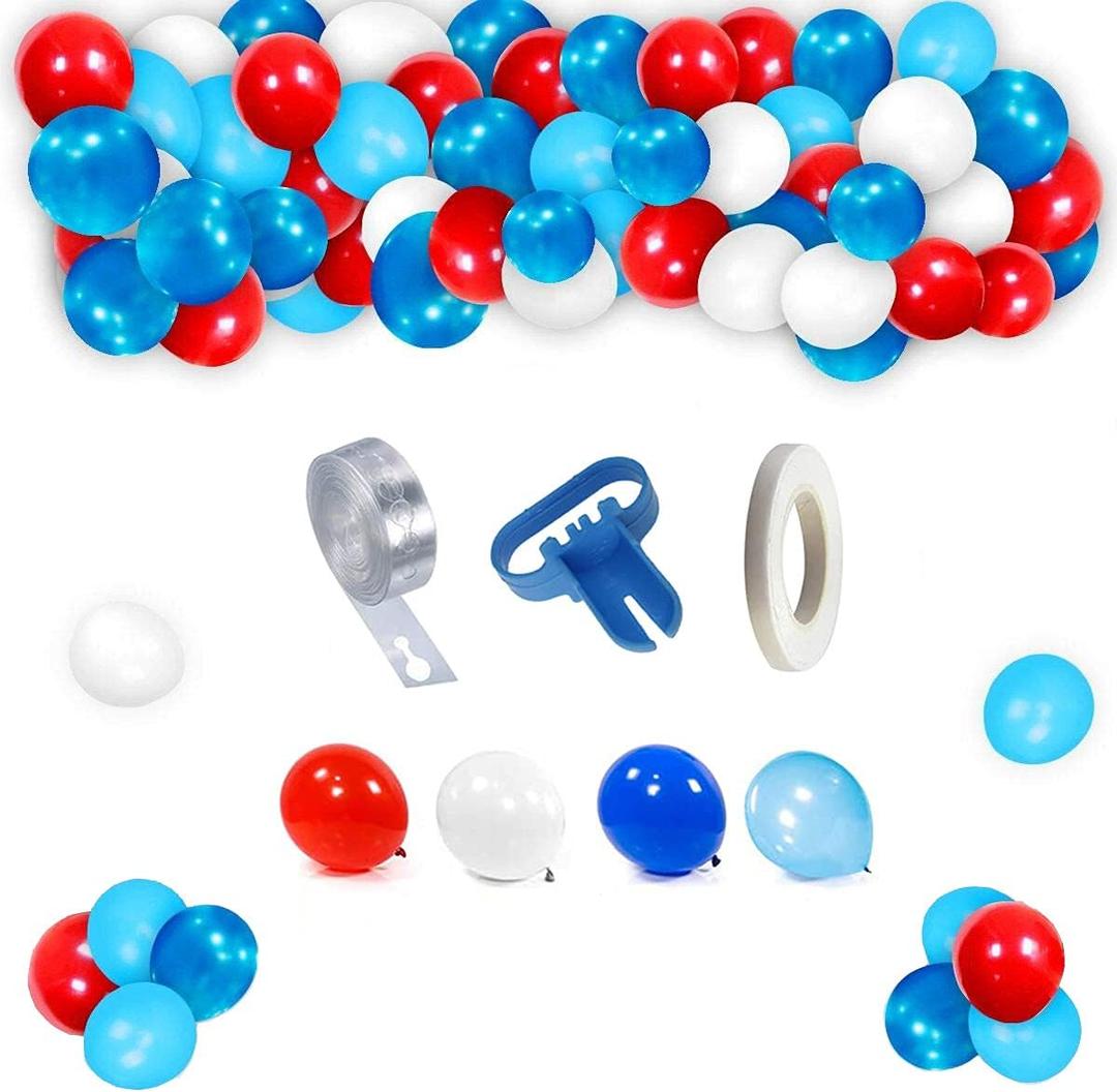 Balloon Garland Arch Kit-Blue, Red, White with Strip Tape, Blue Knotting Device, White Ribbon for Boy Party, Wedding, Birthday party decoration gift
