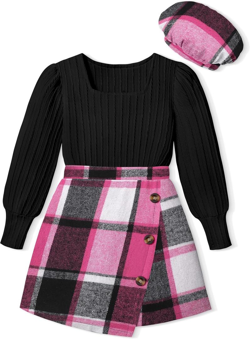 AGAPENG Girl Skirt Sets 3 Piece Outfits Square Neck Jacquard Puff Sleeve Tops Plaid Mini Skirt Shorts Fall Winter Clothes (11-12 Years, Black + Hot Pink Plaid)