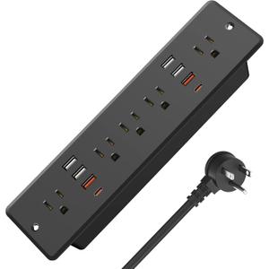 HHSOET 45W Fast Charging Recessed Power Strip Flat Plug, 13 in 1 Furniture Outlet with USB, Conference Recessed Surge Protection Socket with 5 AC Plugs, 6 USB Ports 2 USB-C, 6ft Power Cord.(Black)