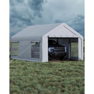 GarveeLife 13x20 ft Carport with 8 Sandbags, Car Port with 220 g PE Tarp, 2 Roll-Up Doors, and 4 Windows, for Full-Size Pickups, Bass Boats, Tractors, and SUVs, White